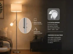 Große Stehlampe mit Leselampe, LED dimmbar, Stoffschirm Weiß, Höhe 170cm
