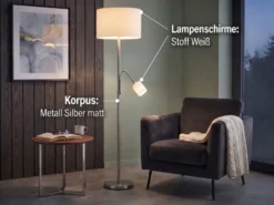 Große Stehlampe mit Leselampe, LED dimmbar, Stoffschirm Weiß, Höhe 170cm