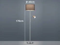 Große Stehlampe mit Leselampe, LED dimmbar, Stoffschirm Grau, Höhe 170cm