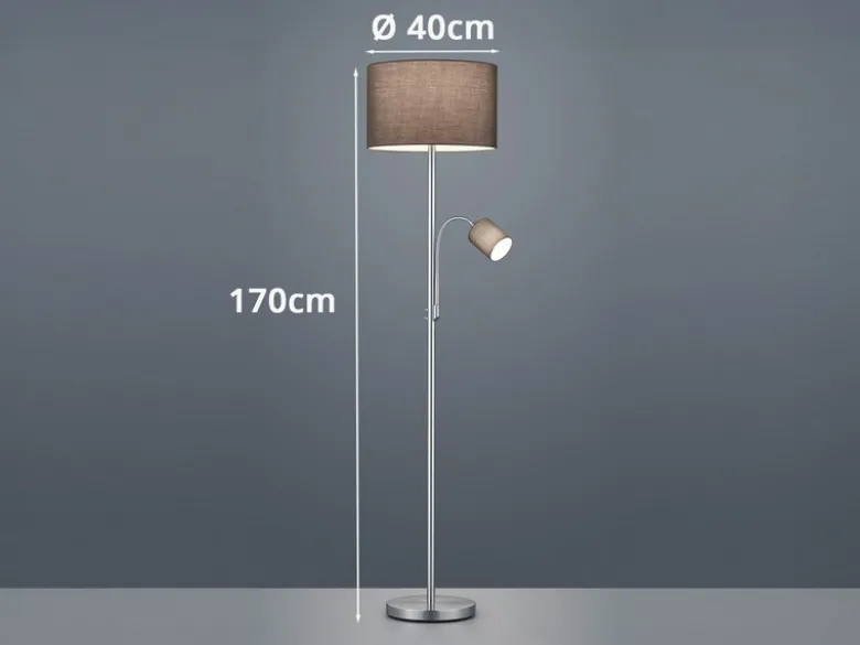 Große Stehlampe mit Leselampe, LED dimmbar, Stoffschirm Grau, Höhe 170cm