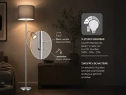 Große Stehlampe mit Leselampe, LED dimmbar, Stoffschirm Grau, Höhe 170cm