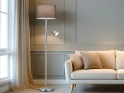 Große Stehlampe mit Leselampe, LED dimmbar, Stoffschirm Grau, Höhe 170cm