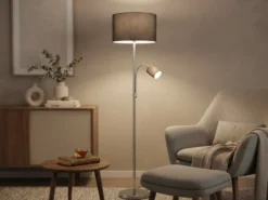 Große Stehlampe mit Leselampe, LED dimmbar, Stoffschirm Grau, Höhe 170cm