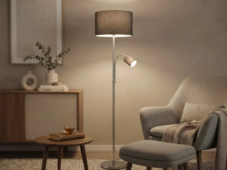 Große Stehlampe mit Leselampe, LED dimmbar, Stoffschirm Grau, Höhe 170cm