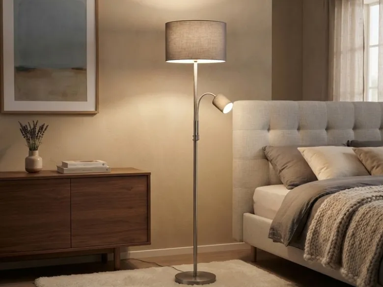 Große Stehlampe mit Leselampe, LED dimmbar, Stoffschirm Grau, Höhe 170cm
