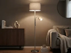 Große Stehlampe mit Leselampe, LED dimmbar, Stoffschirm Grau, Höhe 170cm