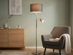 Große Stehlampe mit Leselampe, LED dimmbar, Stoffschirm Grau, Höhe 170cm