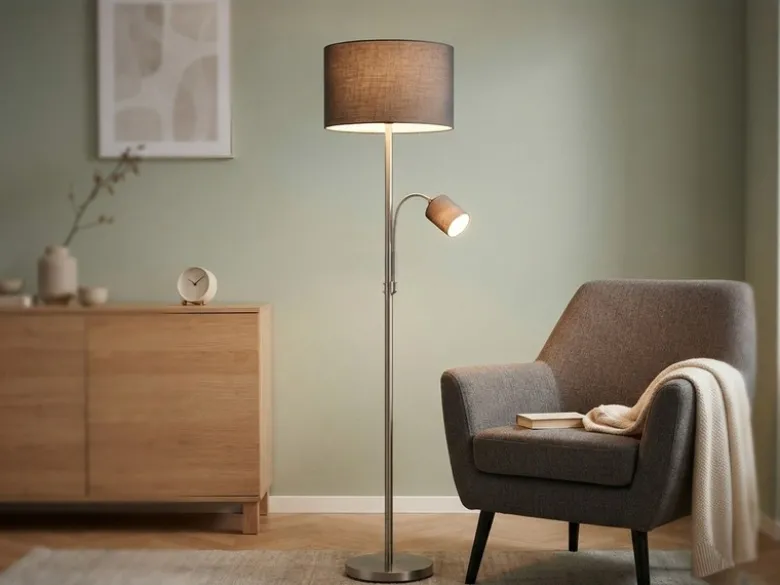 Große Stehlampe mit Leselampe, LED dimmbar, Stoffschirm Grau, Höhe 170cm