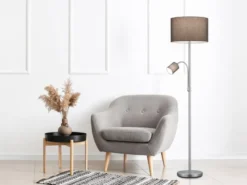 Große Stehlampe mit Leselampe, LED dimmbar, Stoffschirm Grau, Höhe 170cm