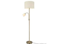 Große Stehlampe mit Leselampe, LED dimmbar, Messing Stoff Cremeweiß, Höhe 170cm