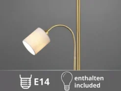 Große Stehlampe mit Leselampe, LED dimmbar, Messing Stoff Cremeweiß, Höhe 170cm
