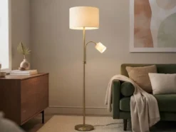 Große Stehlampe mit Leselampe, LED dimmbar, Messing Stoff Cremeweiß, Höhe 170cm