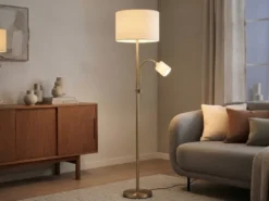 Große Stehlampe mit Leselampe, LED dimmbar, Messing Stoff Cremeweiß, Höhe 170cm