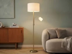 Große Stehlampe mit Leselampe, LED dimmbar, Messing Stoff Cremeweiß, Höhe 170cm