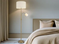 Große Stehlampe mit Leselampe, LED dimmbar, Messing Stoff Cremeweiß, Höhe 170cm