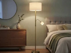 Große Stehlampe mit Leselampe, LED dimmbar, Messing Stoff Cremeweiß, Höhe 170cm