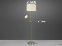 Große Stehlampe mit Leselampe, LED dimmbar, Messing Stoff Cremeweiß, Höhe 170cm