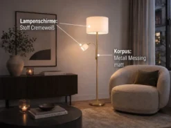 Große Stehlampe mit Leselampe, LED dimmbar, Messing Stoff Cremeweiß, Höhe 170cm
