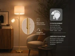 Große Stehlampe mit Leselampe, LED dimmbar, Messing Stoff Cremeweiß, Höhe 170cm