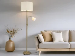Große Stehlampe mit Leselampe, LED dimmbar, Messing Stoff Cremeweiß, Höhe 170cm