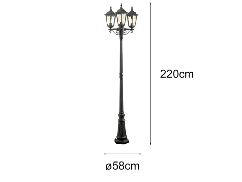Große Straßenlaterne Aluminium Schwarz, E27 Gartenlaterne 3-flammig, Höhe 220cm