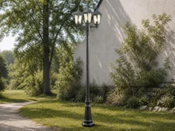 Große Straßenlaterne Aluminium Schwarz, E27 Gartenlaterne 3-flammig, Höhe 220cm