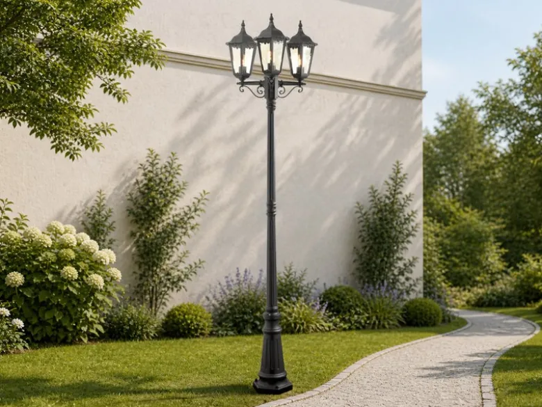 Große Straßenlaterne Aluminium Schwarz, E27 Gartenlaterne 3-flammig, Höhe 220cm