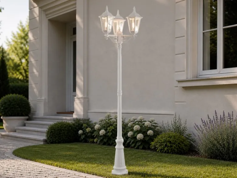 Große Straßenlaterne Aluminium Weiß, E27 Gartenlaterne 3-flammig, Höhe 220cm