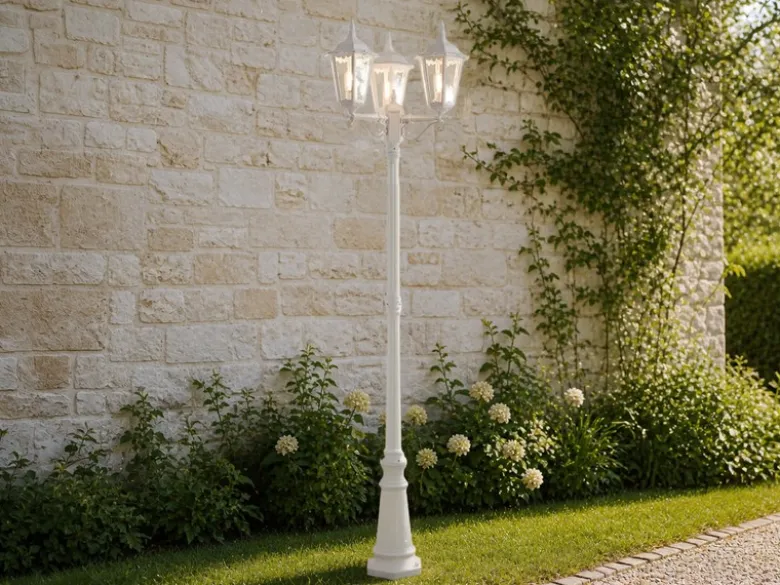 Große Straßenlaterne Aluminium Weiß, E27 Gartenlaterne 3-flammig, Höhe 220cm