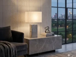 Große Tischlampe AMIENS Metall Silber Antik, Stoffschirm Weiß, Höhe 50cm