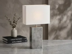 Große Tischlampe AMIENS Metall Silber Antik, Stoffschirm Weiß, Höhe 50cm