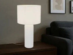 Große Tischlampe BLAIR mit Keramikfuß & Stoffschirm Weiß, Höhe 51cm