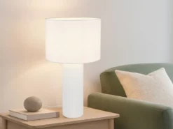 Große Tischlampe BLAIR mit Keramikfuß & Stoffschirm Weiß, Höhe 51cm