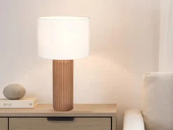 Große Tischlampe BLAIR mit Keramikfuß Mocca & Stoffschirm Beige, Höhe 51cm