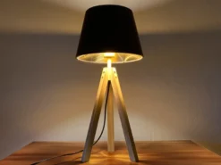 Große Tischlampe mit Holz Dreibein & E27 Samtschirm Braun Gold, Höhe 55cm