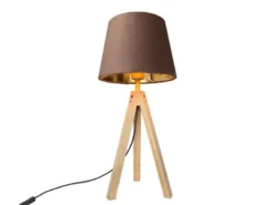 Große Tischlampe mit Holz Dreibein & E27 Samtschirm Braun Gold, Höhe 55cm