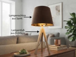 Große Tischlampe mit Holz Dreibein & E27 Samtschirm Braun Gold, Höhe 55cm
