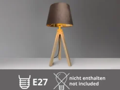 Große Tischlampe mit Holz Dreibein & E27 Samtschirm Braun Gold, Höhe 55cm