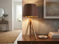 Große Tischlampe mit Holz Dreibein & E27 Samtschirm Braun Gold, Höhe 55cm