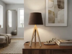 Große Tischlampe mit Holz Dreibein & E27 Samtschirm Braun Gold, Höhe 55cm