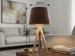 Große Tischlampe mit Holz Dreibein & E27 Samtschirm Braun Gold, Höhe 55cm