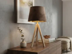 Große Tischlampe mit Holz Dreibein & E27 Samtschirm Braun Gold, Höhe 55cm