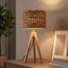 Große Tischlampe mit Holz Dreibein & E27 Schirm Wasserhyazinthe, Höhe 57cm