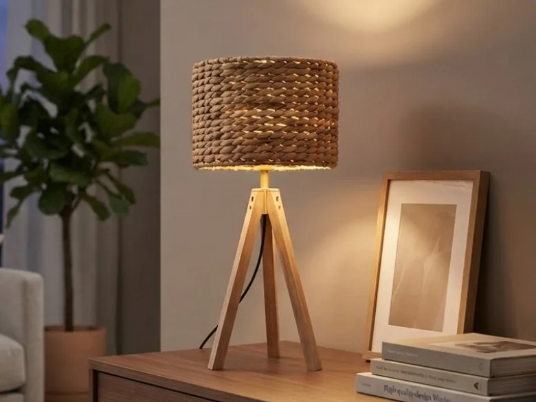 Große Tischlampe mit Holz Dreibein & E27 Schirm Wasserhyazinthe, Höhe 57cm