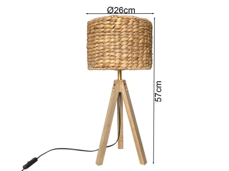 Große Tischlampe mit Holz Dreibein & E27 Schirm Wasserhyazinthe, Höhe 57cm