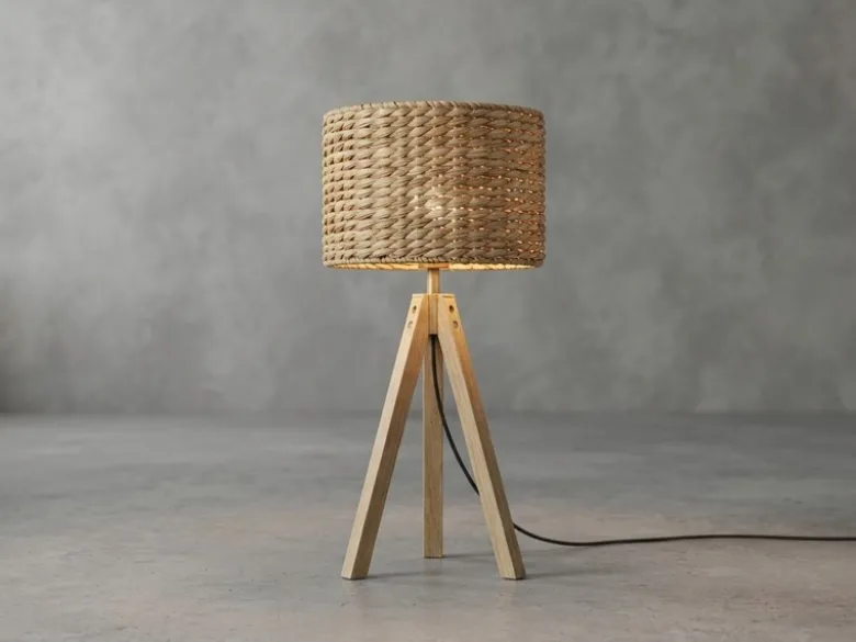 Große Tischlampe mit Holz Dreibein & E27 Schirm Wasserhyazinthe, Höhe 57cm