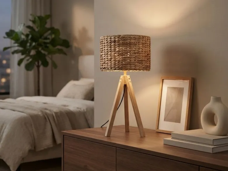 Große Tischlampe mit Holz Dreibein & E27 Schirm Wasserhyazinthe, Höhe 57cm