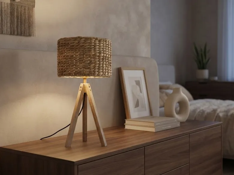 Große Tischlampe mit Holz Dreibein & E27 Schirm Wasserhyazinthe, Höhe 57cm