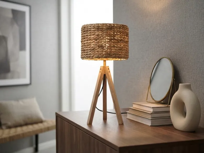 Große Tischlampe mit Holz Dreibein & E27 Schirm Wasserhyazinthe, Höhe 57cm