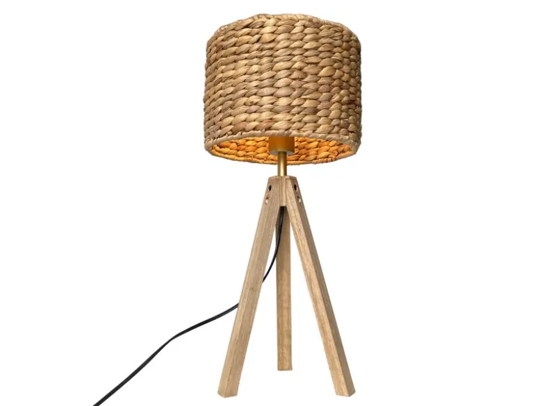 Große Tischlampe mit Holz Dreibein & E27 Schirm Wasserhyazinthe, Höhe 57cm
